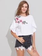 Romwe Embroidered Flower Applique Drop Shoulder Ruffle T-shirt