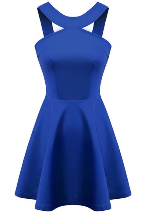 Romwe Blue Strap Backless Flouncing Dress