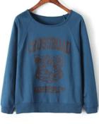 Romwe Blue Long Sleeve Tiger Print Sweatshirt