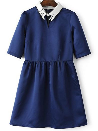 Romwe Deep Blue Lapel Cat Embroidery Zipper Dress