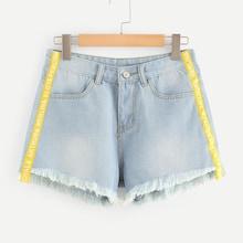 Romwe Letter Print Frayed Denim Shorts