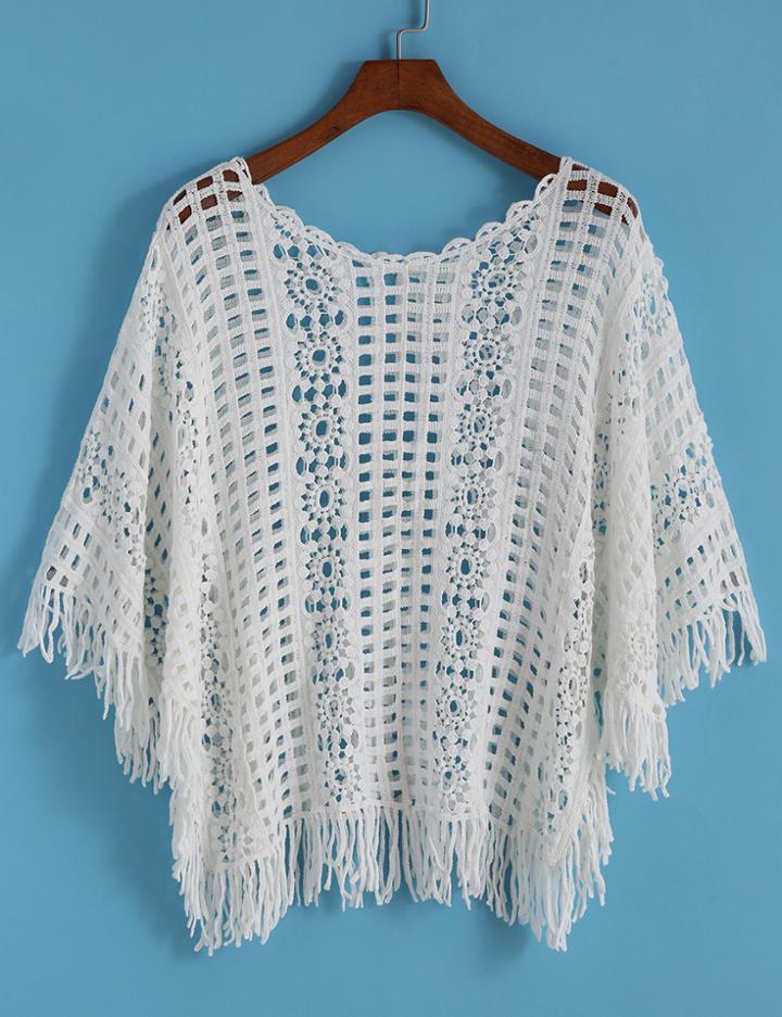 Romwe With Tassel Hollow Lace Top