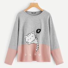 Romwe Cat Print Color Block Pullover