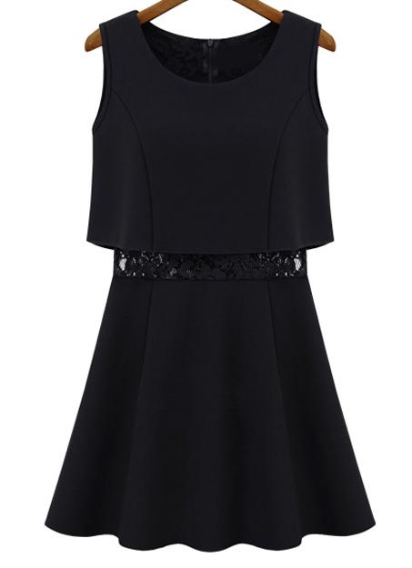 Romwe Sleeveless Hollow Lace Flouncing Dress