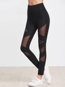 Romwe Mesh Insert Striped Leggings