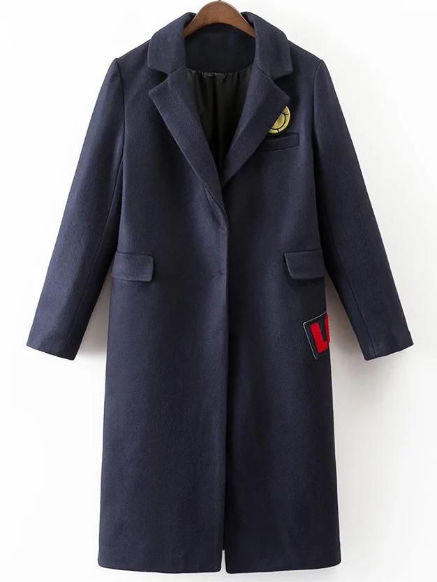 Romwe Navy Patch Detail Slit Long Coat