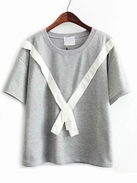 Romwe Contrast Tie Grey T-shirt