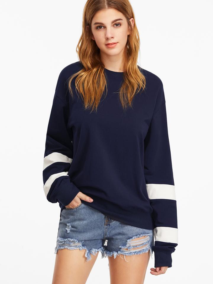 Romwe Navy Drop Shoulder Striped Sleeve Sweatshirt