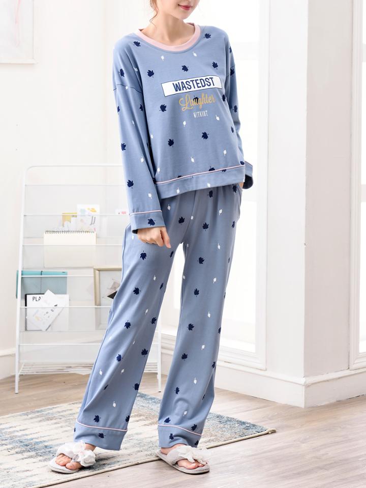Romwe Contrast Binding Seamless Pattern Pullover & Pants Pj Set