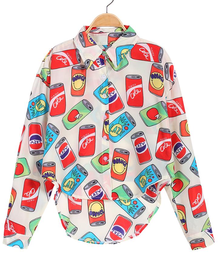 Romwe White Long Sleeve Coke Bottle Print Blouse