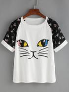 Romwe Raglan Sleeve Cat Print T-shirt