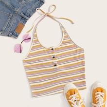 Romwe Striped Button Detail Halter Top