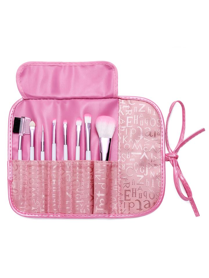 Romwe 8pcs Pink Professional Makeup Brush Set With Letter Print Bag