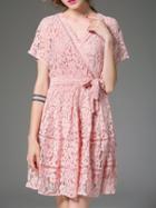 Romwe Pink V Neck Tie-waist Lace Dress