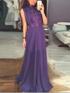 Romwe Purple Ruffle Embellishment Open Front Maxi Dress