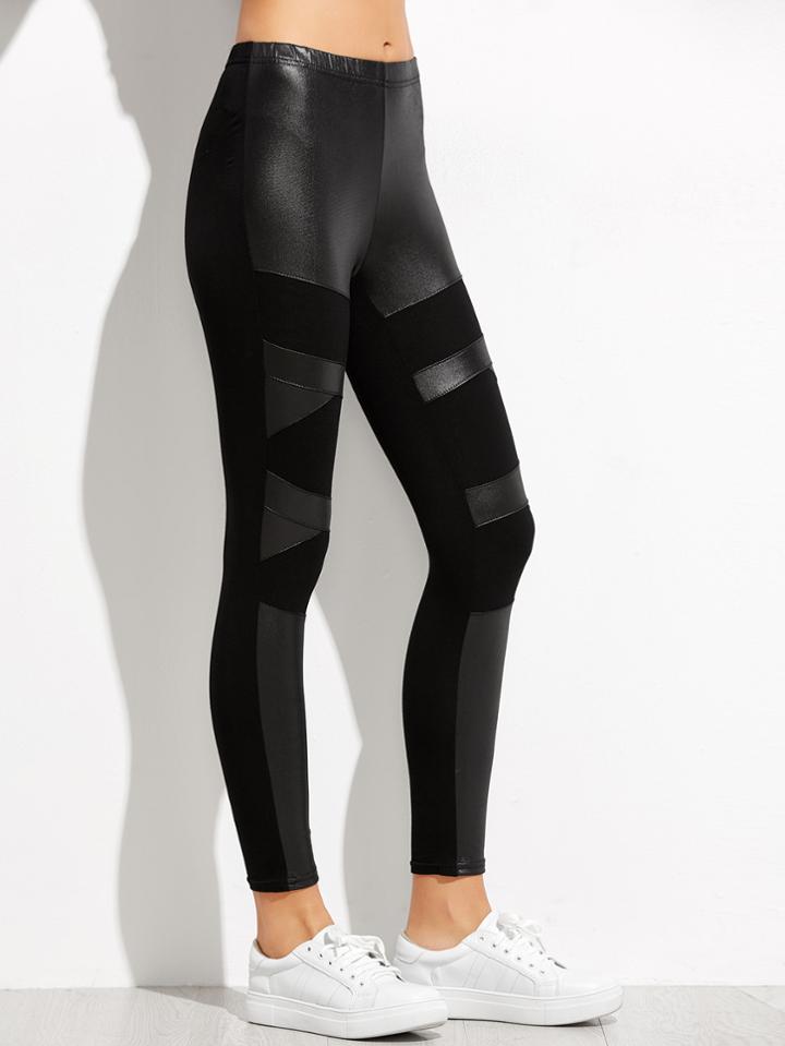 Romwe Black Contrast Faux Leather Leggings