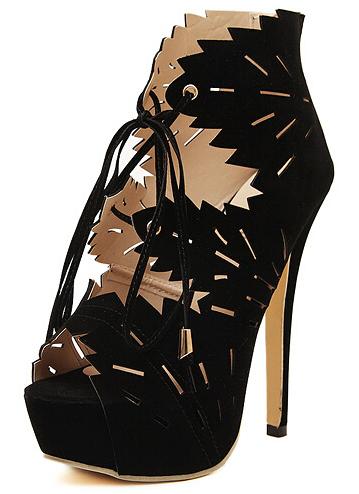 Romwe Black Leaves Bandage High Heel Sandals