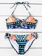 Romwe Geometric Print Ladder Cutout Halter Bikini Set