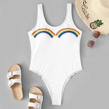 Romwe Rainbow Print Low Back One Piece Swimwear