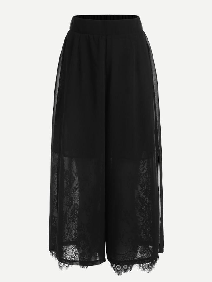 Romwe Eyelash Lace Trim Wide Leg Pants