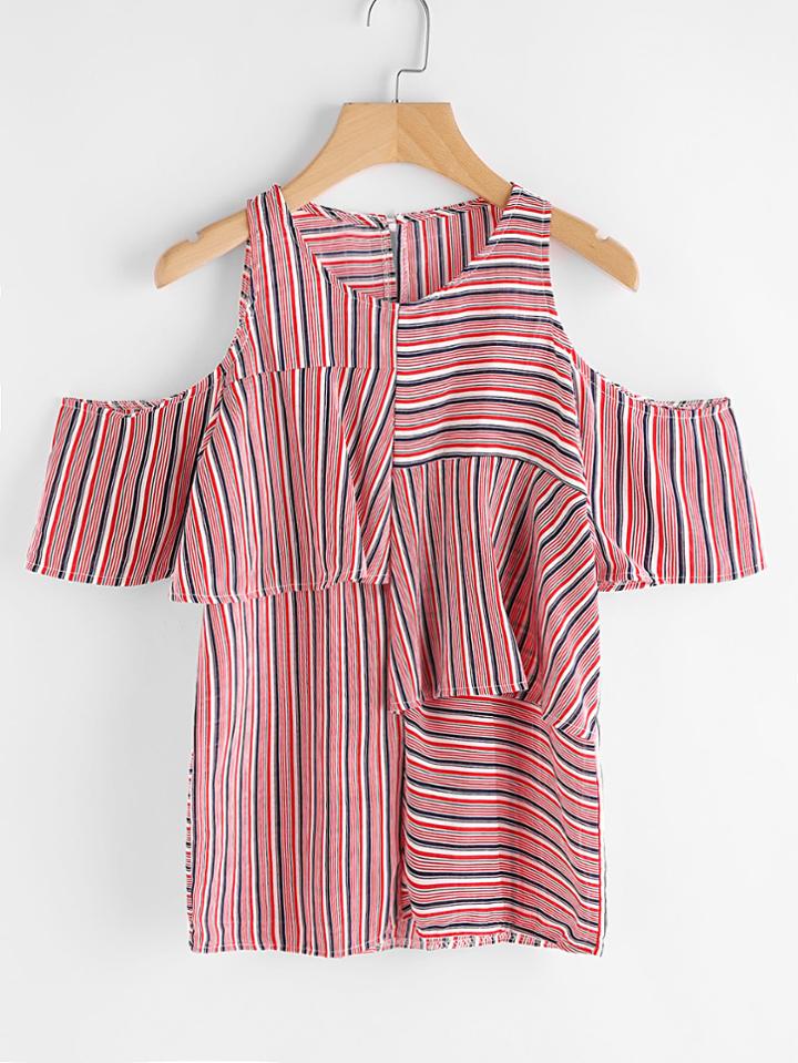 Romwe Open Shoulder Striped Asymmetric Layered Blouse