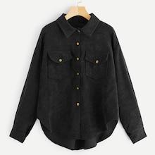 Romwe Curved Hem Double Pocket Corduroy Coat