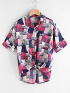 Romwe Allover Printed Knot Front Dip Hem Shirt