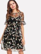 Romwe Ruffle Cuff Embroidered Mesh 2 In 1 Dress