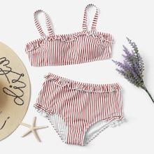 Romwe Striped Frill Trim Top With High Waist Bikini
