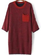 Romwe Round Neck Pocket Burgundy Sweater Dress