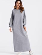 Romwe Lantern Sleeve Pearl Beaded Full Length Dress