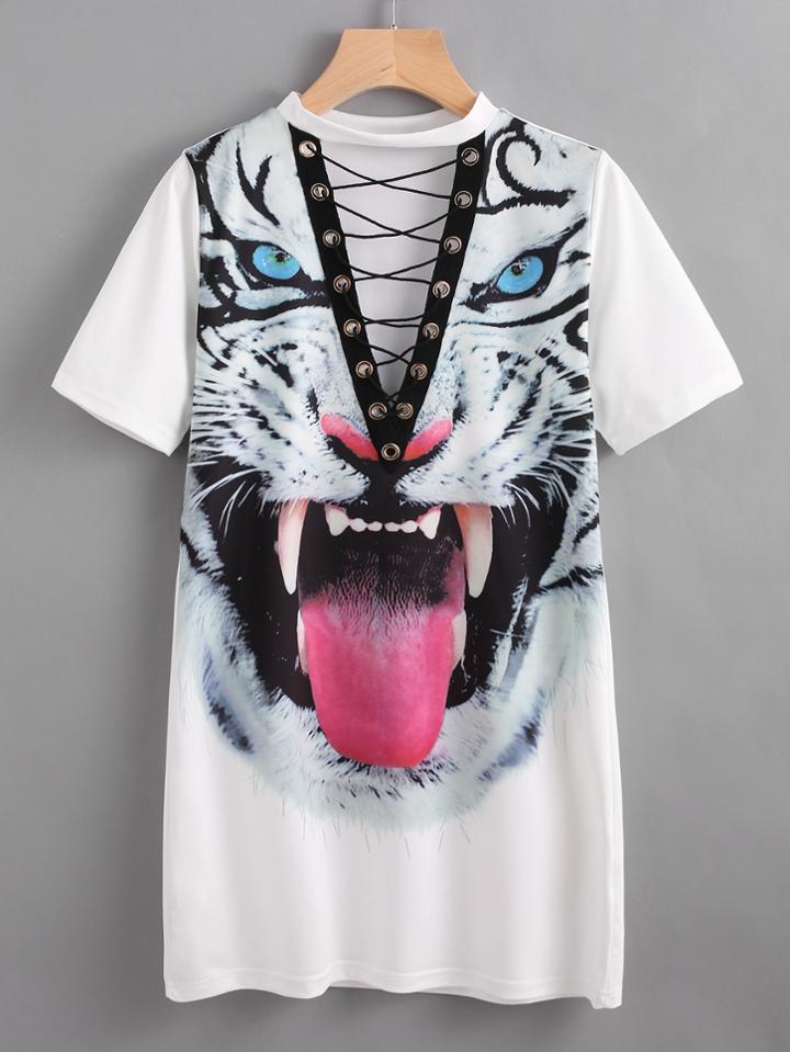 Romwe Tiger Print Plunging Grommet Lace Up Tee Dress