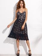 Romwe Navy Embroidered Lace Overlay Cami Dress
