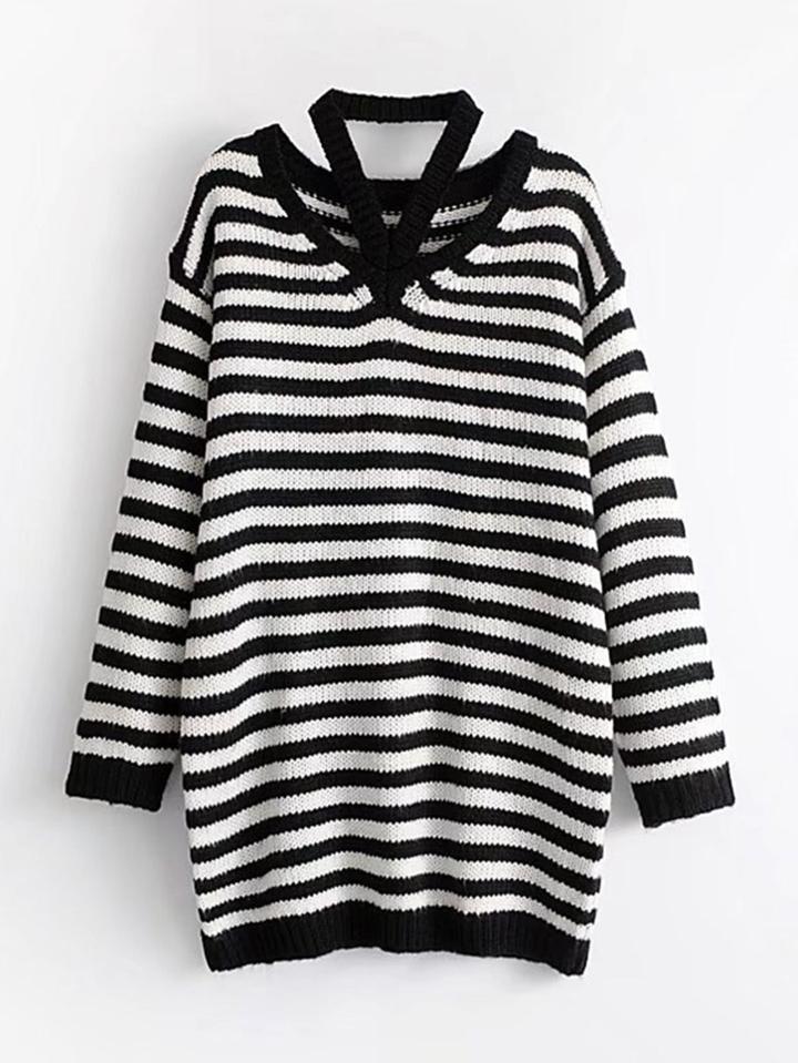 Romwe Striped Longline Halter Jumper Sweater