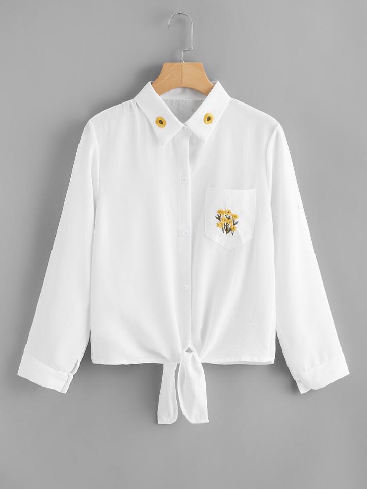 Romwe Chest Pocket Embroidered Knot Front Shirt