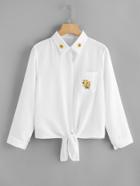 Romwe Chest Pocket Embroidered Knot Front Shirt