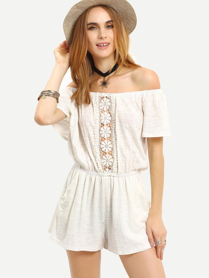 Romwe Lace Insert Off-the-shoulder Romper - White