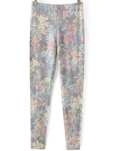Romwe Color Elastic Waist Florals Leggings