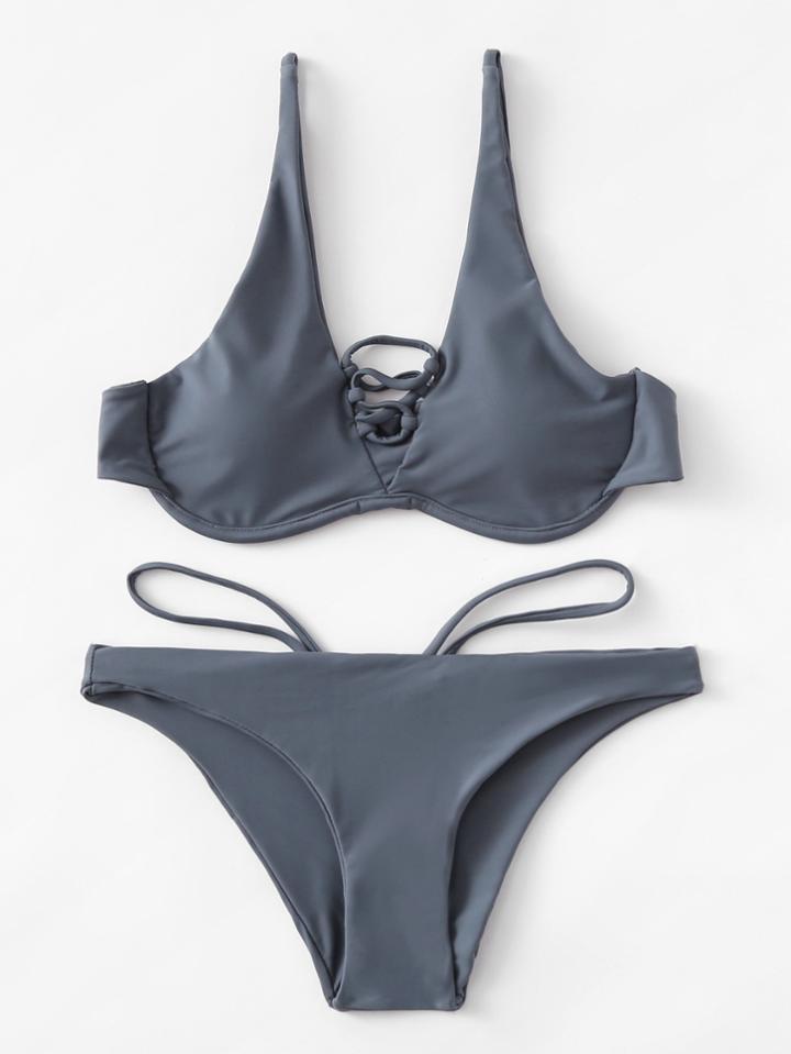Romwe Criss Cross Plunge Neckline Underwire Bikini Set