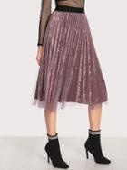 Romwe Mesh Overlay Pleated Velvet Skirt