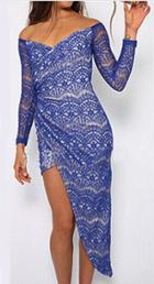 Romwe Off-shouder Split Lace Blue Dress
