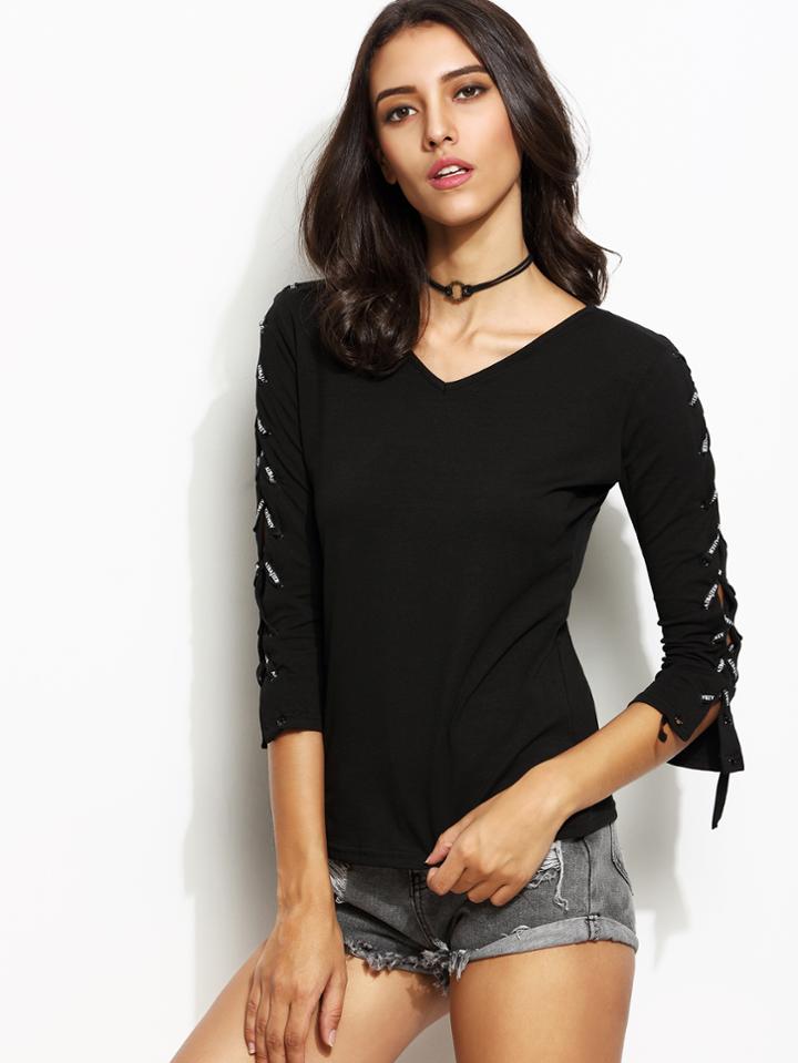 Romwe Black V Neck Lattice Sleeve Cutout Back T-shirt