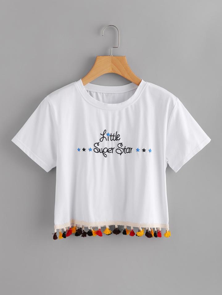 Romwe Letter Print Fringe Hem Tee