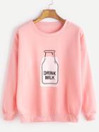 Romwe Pink Drop Shoulder Milk Bottle Print Patch Sweatshirt