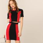 Romwe Colorblock Crop Tee And Bodycon Skirt Set