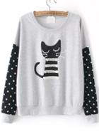 Romwe Cat Print Contrast Lace Dotted Grey Sweatshirt