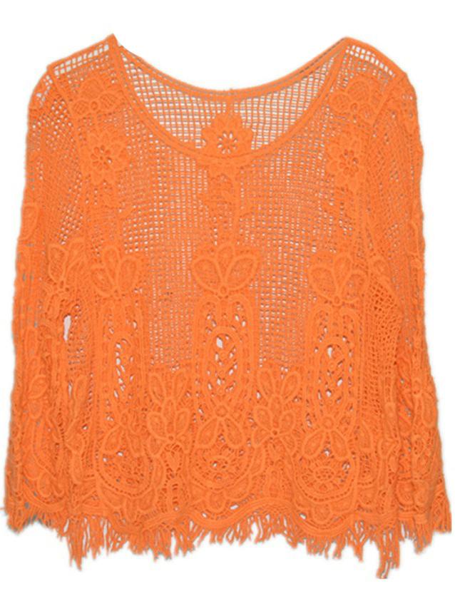 Romwe Orange Lace Crochet Cropped Blouse