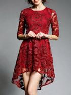 Romwe Red Sheer Gauze Disc Flowers High Low Dress