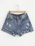 Romwe Distressed Raw Cut Fray Hem Single Breasted Shorts