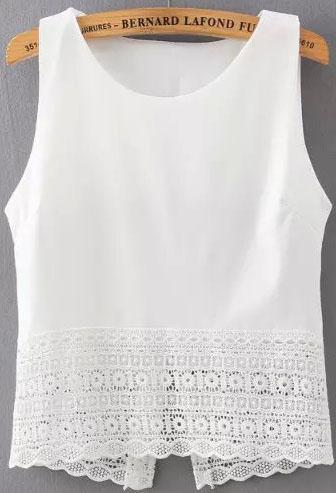 Romwe Lace Hem Back Split White Tank Top